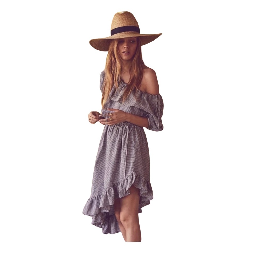 LoveShackFancy Asymmetrical Off-Shoulder Dress in Gray